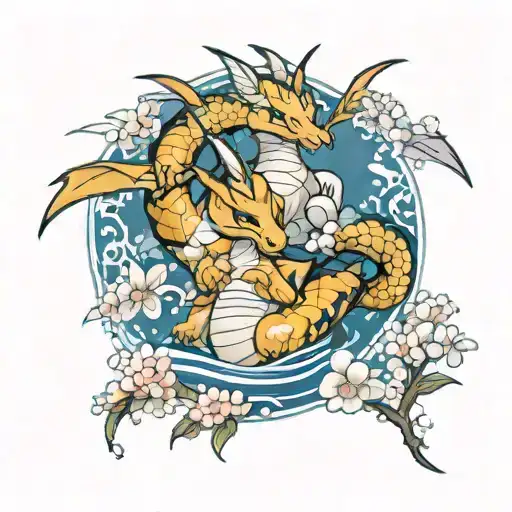 a dragonite and yachiru from bleach and blooming sakuras  tattoo design idea