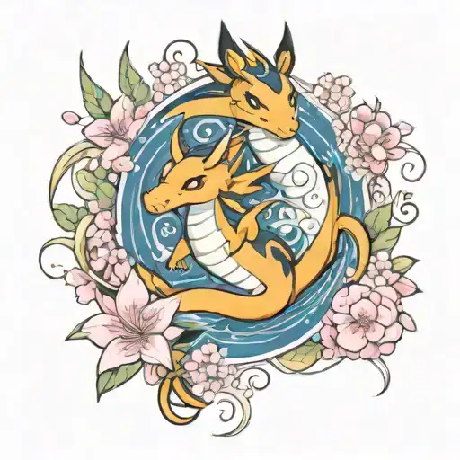 a dragonite and yachiru from bleach and blooming sakuras  tattoo design idea