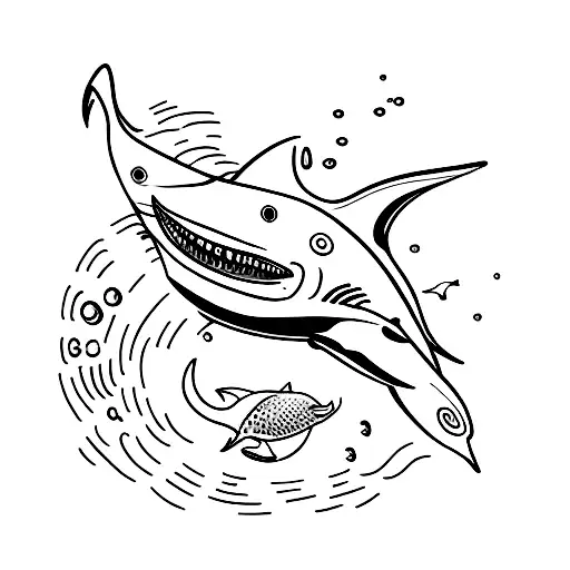 A dynamic composition showcasing a scuba diver swimming alongside a shark and manta ray tattoo design idea