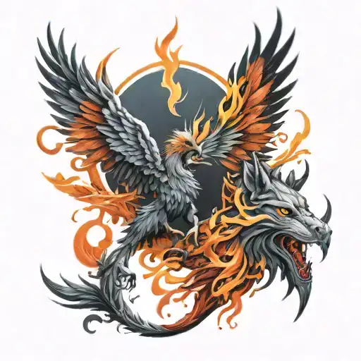 phoenix and wolf standing tattoo design idea