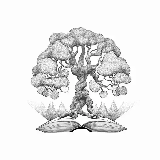 A majestic tree growing out of an open book, symbolizing the connection between nature and knowledge tattoo design idea