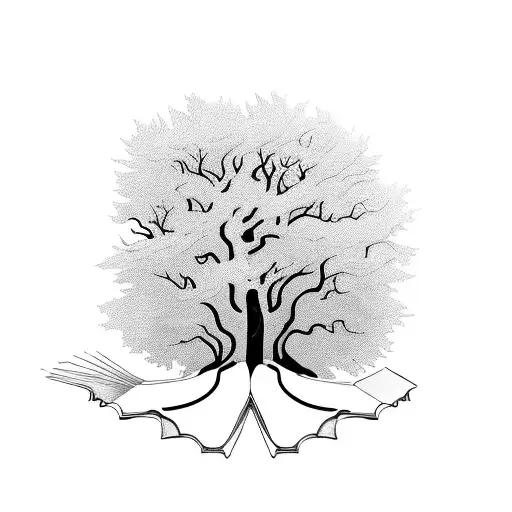 A majestic tree growing out of an open book, symbolizing the connection between nature and knowledge tattoo design idea