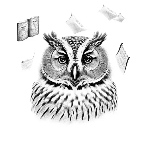 A stunning black and grey portrait of a wise owl perched on a stack of books, representing the love for animals and literature tattoo design idea