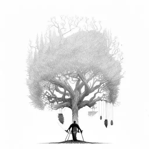 An arborist scaling a giant tree during a lightning storm tattoo design idea