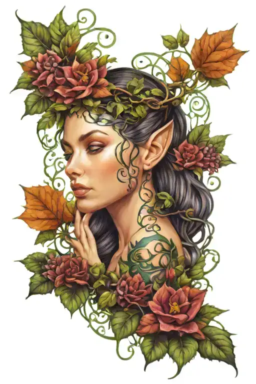 elf, vines, foliage, fantasy, woman tattoo design idea