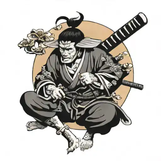 samurai squatting on one knee with katana sword ant moon shining   tattoo design idea