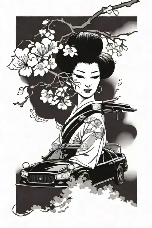 A beautiful geisha driving a Japanese drift car, with cherry blossoms in the background tattoo design idea