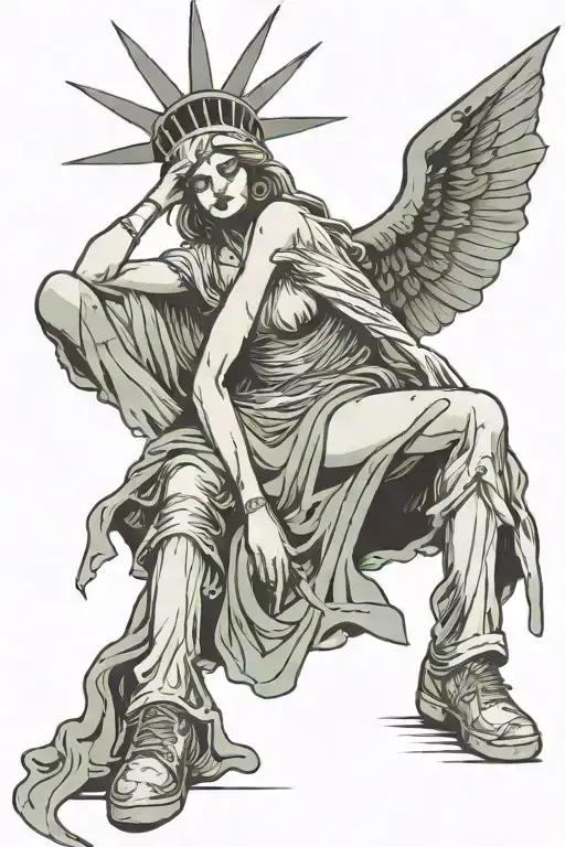 Lady liberty clutching knees while on the floor head down with head married in knees with plague mask on floor  tattoo design idea