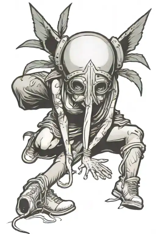 Lady liberty clutching knees while on the floor head down with head married in knees with plague mask on floor  tattoo design idea