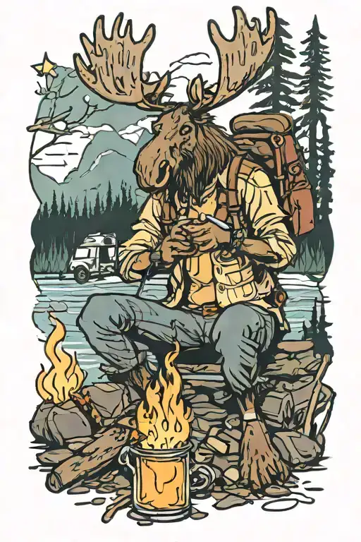 Moose sitting camp fire drinking syrup  tattoo design idea