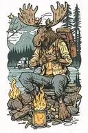 Moose sitting camp fire drinking syrup  tattoo design idea