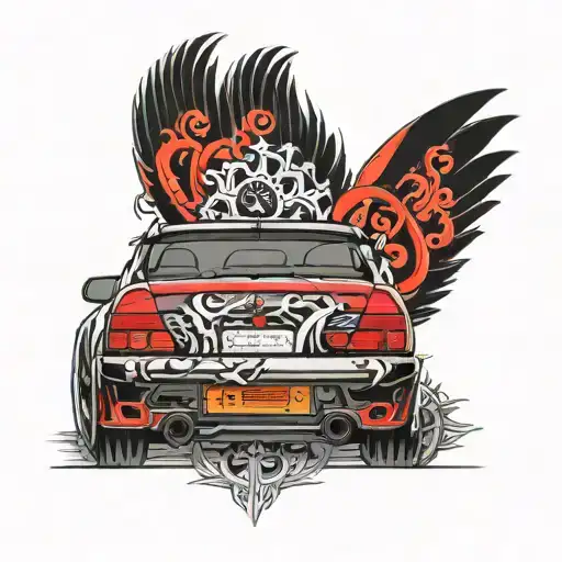 main tattoo accent is a back of the car mitsubishi lancer evo 7, with a 2001 gothic font on the background tattoo design idea