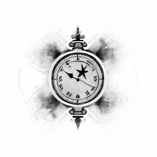 full sleeve tattoo with a soldier silhouette behind lavender, a clock face, 2 crosses and clouds tattoo design idea