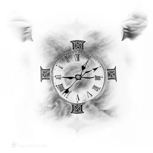 full sleeve tattoo with a soldier silhouette behind lavender, a clock face, 2 crosses and clouds tattoo design idea