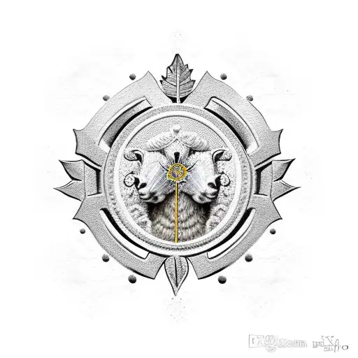 two full standing fierce Anglo Saxon warriors, sheep, a Jasmine flower, olive branch, fleur-de-lis and maple leaf tattoo design idea