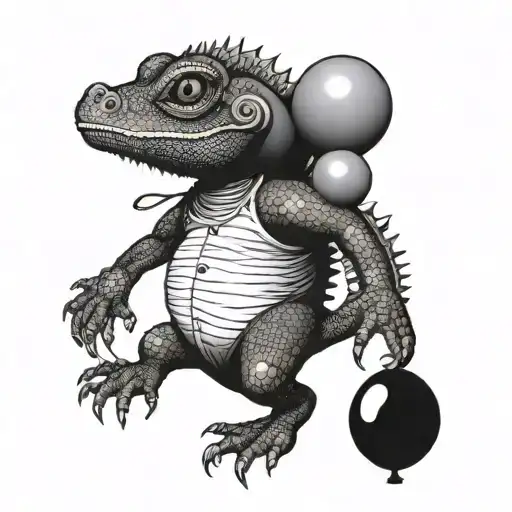 dog-headed lizard holding a balloon tattoo design idea