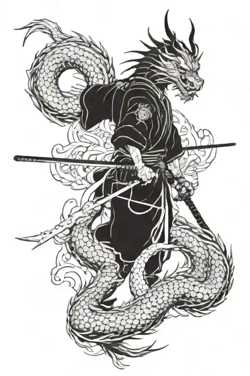 samurai, dragon, Japan merging together tattoo design idea