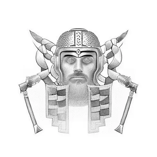 Combine a Greek warrior helmet and a binary code pattern in a blackwork style tattoo tattoo design idea
