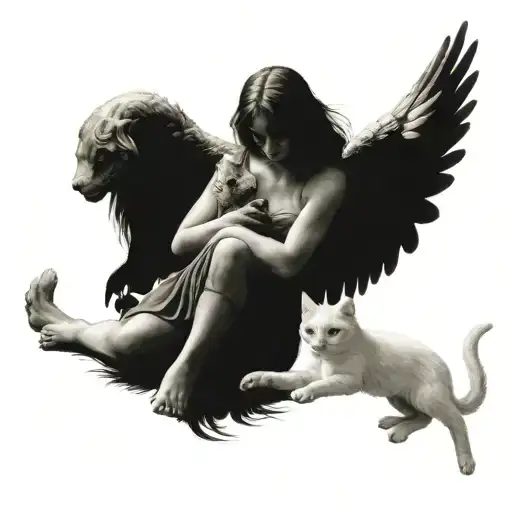 angel playing with cat with your wings made tattoo design idea