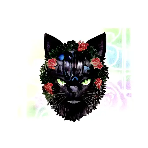 Black panther with emerald eyes, floral background tattoo design idea