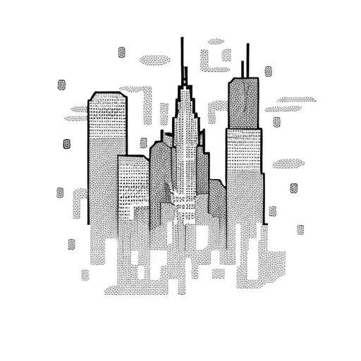 A dotwork tattoo of a Boston skyline with a pixelated video game character standing on top tattoo design idea