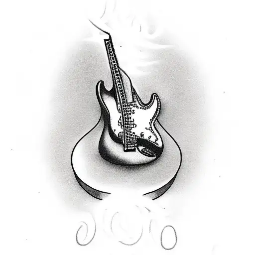 A black and white tattoo symbolizing a passion for music and rock, represented through an electric guitar.  tattoo design idea