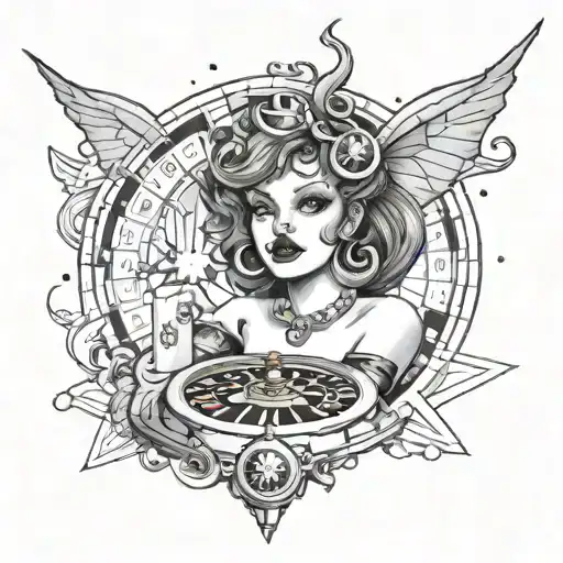 A seductive devil woman with dice for eyes and a roulette wheel for a halo tattoo design idea