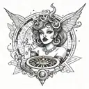 A seductive devil woman with dice for eyes and a roulette wheel for a halo tattoo design idea