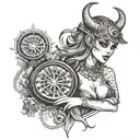 A seductive devil woman with dice for eyes and a roulette wheel for a halo tattoo design idea