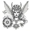 A seductive devil woman with dice for eyes and a roulette wheel for a halo tattoo design idea