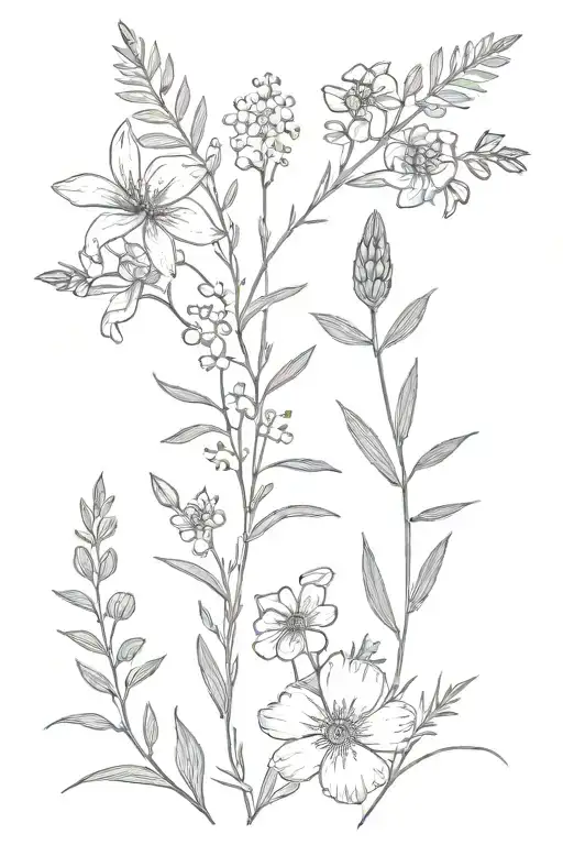 floral tattoo incorporating the heather flower, fireweed, lilac, daisies, lupins, raspberries and figs  tattoo design idea