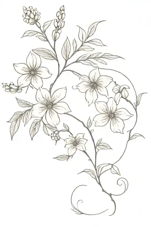 a floral tattoo vine incorporating fireweed, brown eyed Susan, lilac, daisy, lupins, raspberries and figs  tattoo design idea