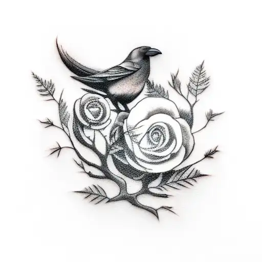 realistic-style tattoo featuring a crow perched on a branch entwined with thorns tattoo design idea