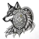 A black and grey tattoo of a military police badge with a wolf silhouette in the background tattoo design idea