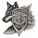 A black and grey tattoo of a military police badge with a wolf silhouette in the background tattoo design idea