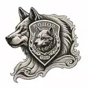 A black and grey tattoo of a military police badge with a wolf silhouette in the background tattoo design idea