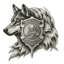 A black and grey tattoo of a military police badge with a wolf silhouette in the background tattoo design idea