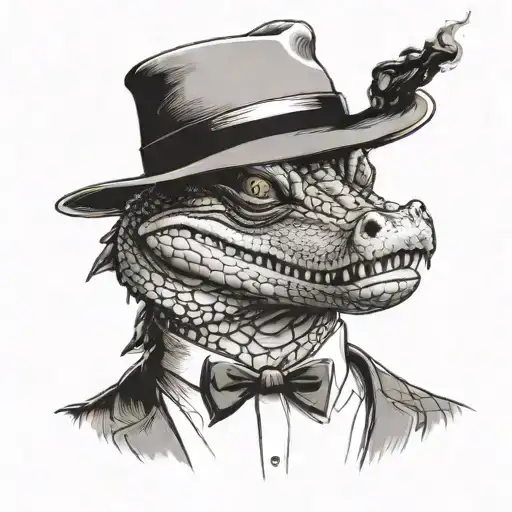a serious portrait of an alligator who's wearing a suit and a mafia fedora, smoking a cigar  tattoo design idea