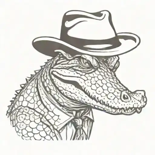 a portrait of a serious alligator who is wearing a suit and a mafia fedora with a cigar in his mouth tattoo design idea