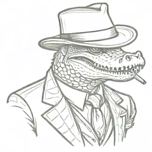 a serious portrait of an alligator who's wearing a suit and a mafia fedora, smoking a cigar  tattoo design idea
