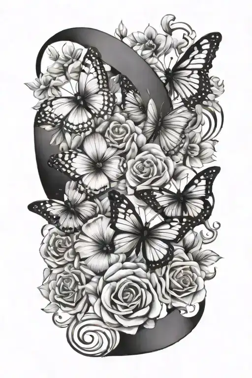 create me a tattoo with a ribbon for a name and have flowers, and butterflies  tattoo design idea