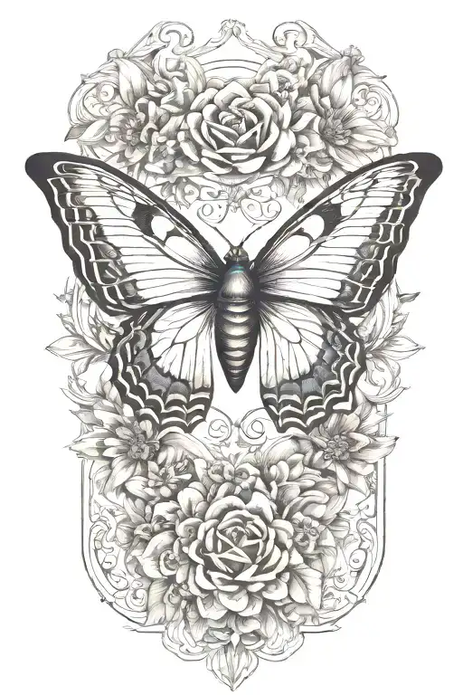 butterfly with eagle eyes surrounded by flowers add a ribbon for a name tattoo design idea