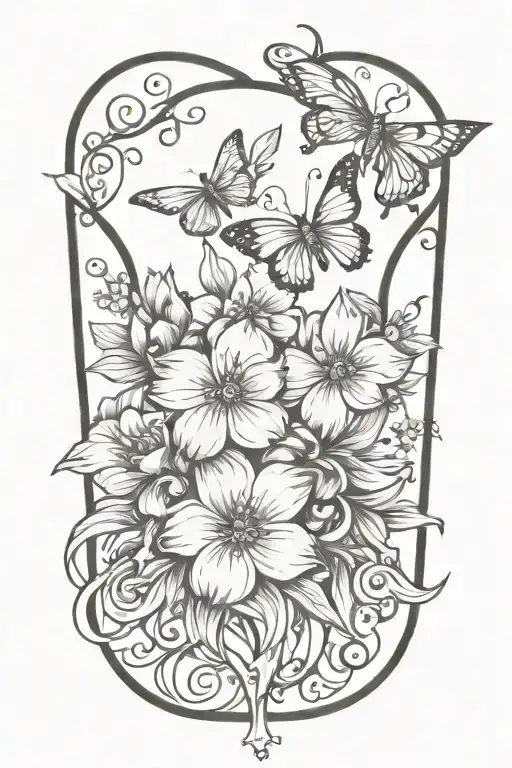 create me a tattoo with a ribbon for a name and have flowers, and butterflies  tattoo design idea