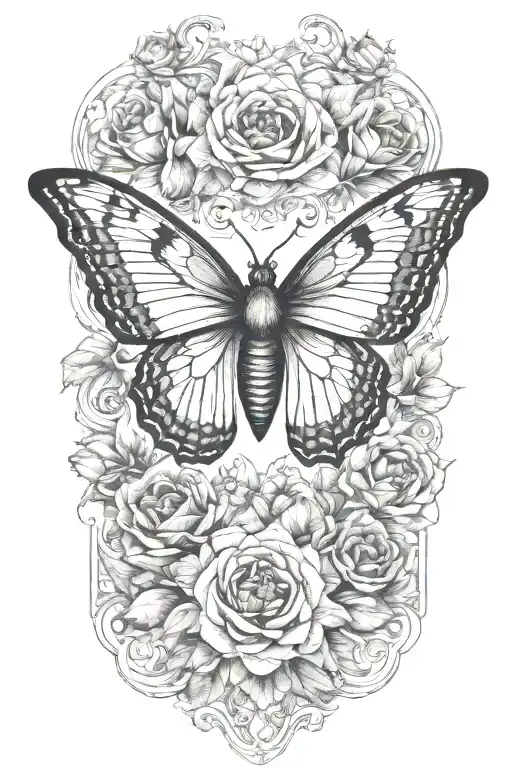 butterfly with eagle eyes surrounded by flowers  tattoo design idea