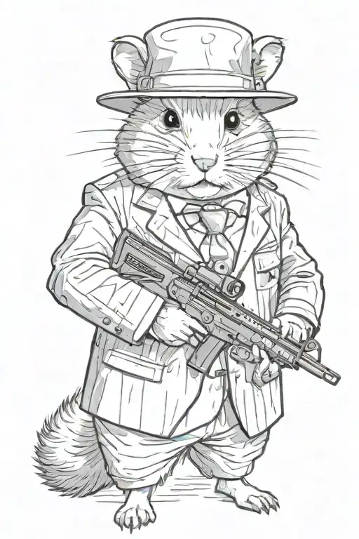 portrait of a serious hamster in a suit holding a rifle tattoo design idea