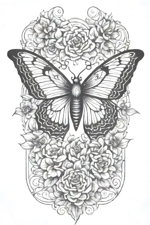 butterfly with eagle eyes surrounded by flowers  tattoo design idea