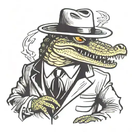 portrait of an alligator wearing a suit and mafia fedora while smoking a blunt tattoo design idea