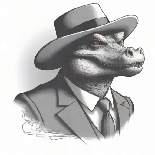 a portrait of a serious alligator who is wearing a suit and a mafia fedora while smoking a cigar  tattoo design idea