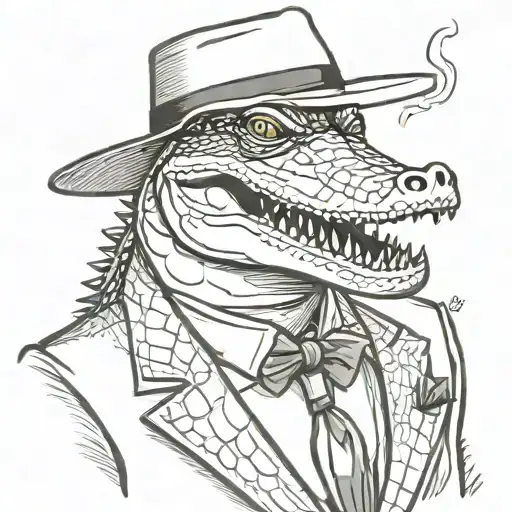 portrait of an alligator wearing a suit and mafia fedora while smoking a cigar tattoo design idea