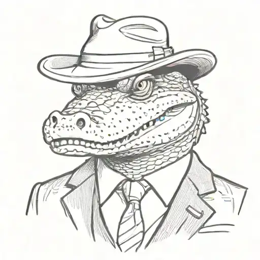 a portrait of a serious alligator who is wearing a suit and a mafia fedora with a cigar in his mouth tattoo design idea